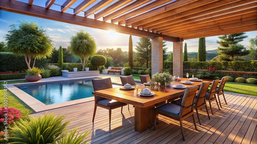 Fototapeta premium Modern Outdoor Dining Area with Pergola and Swimming Pool - Ideal for Summer Gatherings and Relaxation