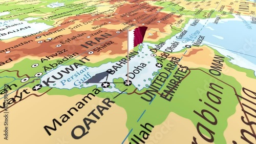 Qatar flag waving on the map