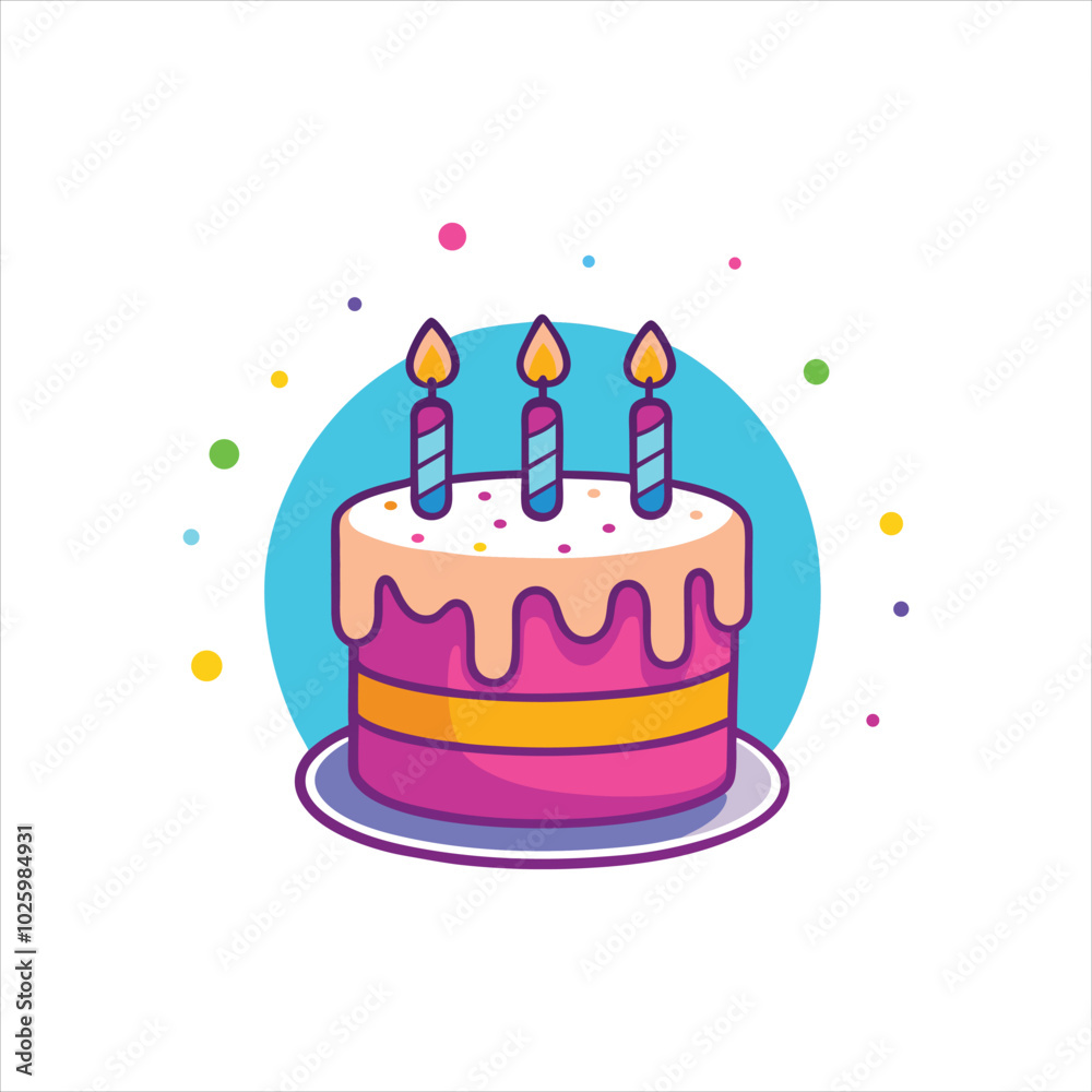 Birthday Cake with Three Lit Candles Cartoon Vector Icon Illustration. Birthday Cake with Three Lit Candles Cartoon Vector Icon Illustration.