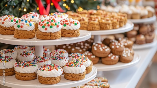 A festive display of decorated cookies and donuts, showcasing colorful icing and toppings, perfect for holiday celebrations.