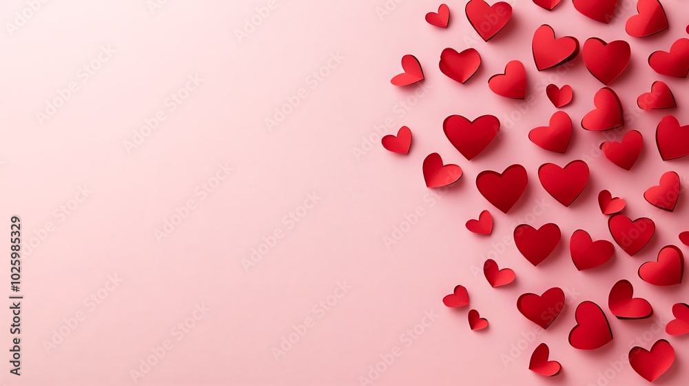 Red paper cut hearts scattered across pastel pink background in a topview composition creating a minimalistic and romantic flat lay for a Valentine's Day greeting card concept Red paper cut hearts scattered across pastel pink background in a topview composition creating a minimalistic and romantic flat lay for a Valentine's Day greeting card concept