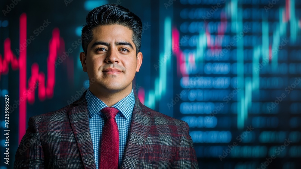 Navigating the financial landscape, businessman analyzes stock market trends and data Navigating the financial landscape, businessman analyzes stock market trends and data