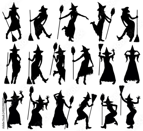 Big collection of black vector silhouettes of witch standing in different poses. Icons of Halloween witches in long skirt and hat with broomstick. 
