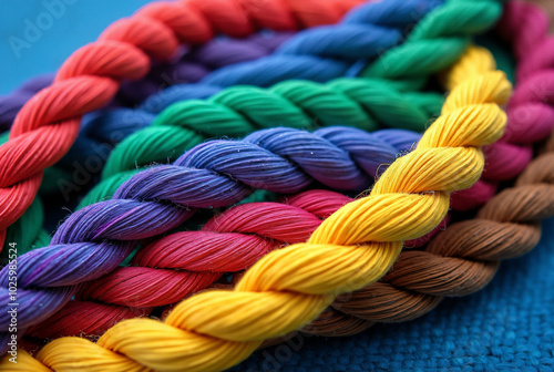 Vibrant Intertwined Ropes: Colorful Twisted Strands on Blue Background - Perfect for Textile Design or Art Projects