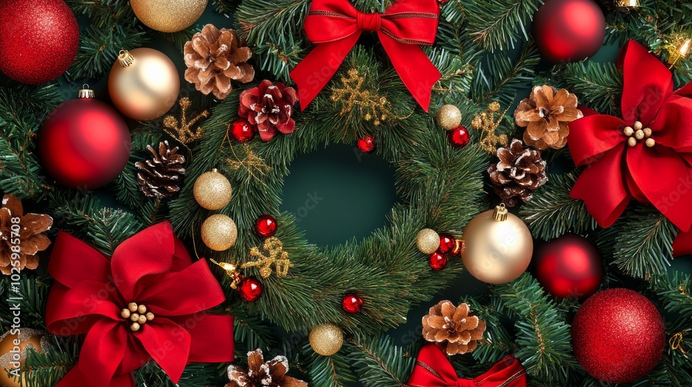 Christmas Wreath with Red and Gold Ornaments. Christmas Wreath with Red and Gold Ornaments.