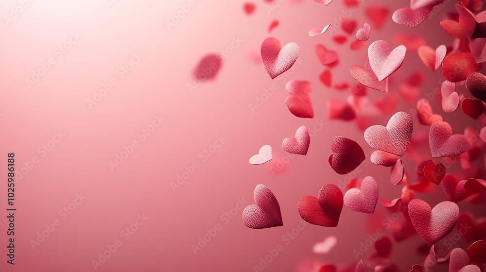 Falling heart confetti creating whimsical Valentine's Day card effect over a smooth pink gradient background set in a clean minimalistic design Falling heart confetti creating whimsical Valentine's Day card effect over a smooth pink gradient background set in a clean minimalistic design