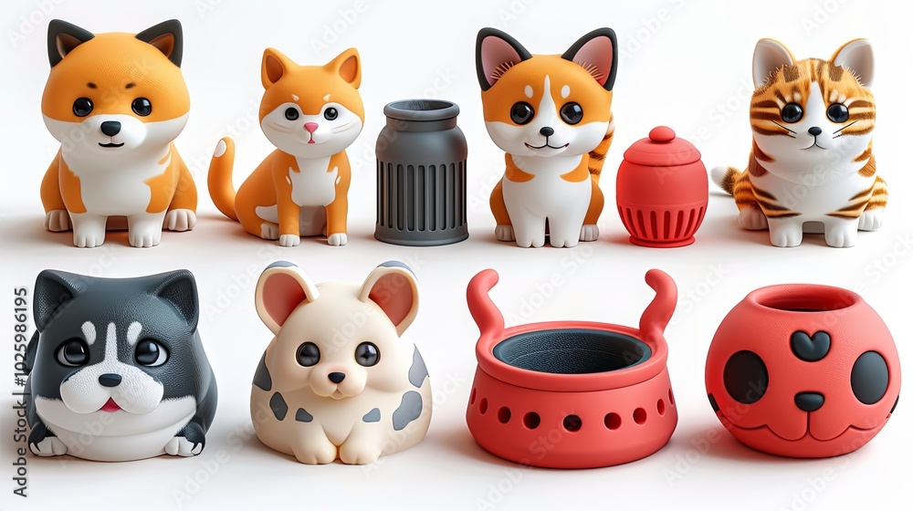 3d cute dog and cat, feed pet bowl and metal can, massage ball vector icon set, cartoon pet toys, accessories and food 3d cute dog and cat, feed pet bowl and metal can, massage ball vector icon set, cartoon pet toys, accessories and food