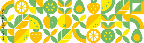 Abstract geometric background. Set of icons in simple flat style. Seamless pattern.Fresh organic food.Fruits, leaves and berries. Watermelon, apple, strawberry and orange slices.Vector illustration.