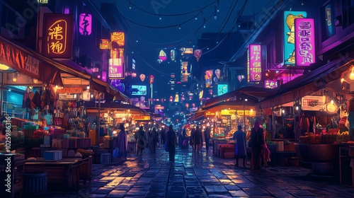 Busy Night Market With Neon Signage And Lanterns In A Lively Asian City