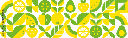 Abstract geometric background. Set of icons in simple flat style. Seamless pattern.Fresh organic food.Fruits, leaves and berries. Watermelon, apple, strawberry and orange slices.Vector illustration.