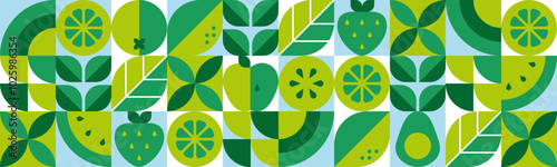 Abstract geometric background. Set of icons in simple flat style. Seamless pattern.Fresh organic food.Fruits, leaves and berries. Watermelon, apple, strawberry and orange slices.Vector illustration.