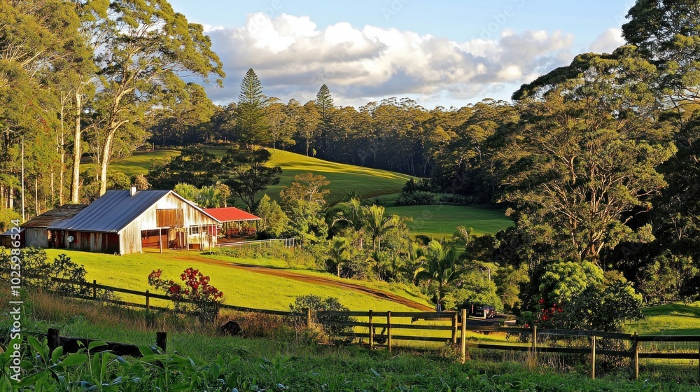Rural Farmhouse with Rolling Green Hills and Lush Trees Rural Farmhouse with Rolling Green Hills and Lush Trees