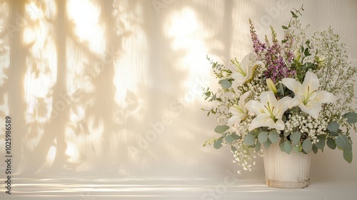 A beautifully arranged floral bouquet sits elegantly against a softly illuminated background, creating a serene and peaceful atmosphere.