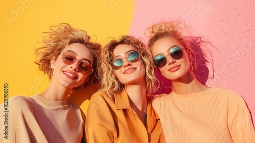 In a vibrant setting, three women dressed in soothing pastel colors revel in each other's company with artfully styled hair, symbolizing tranquility and harmony. photo