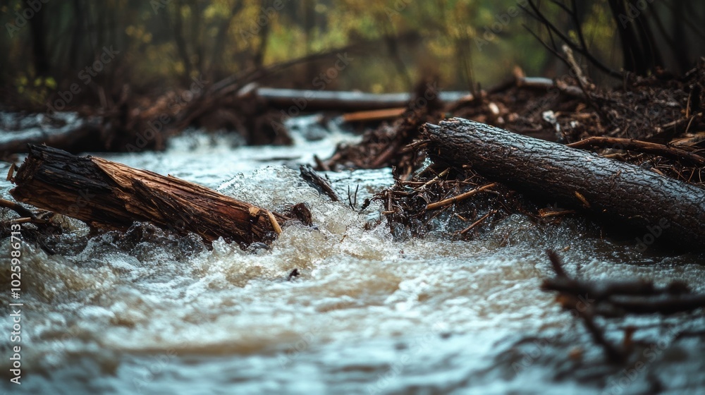 Water rushing over fallen logs in a forest stream. Water rushing over fallen logs in a forest stream.