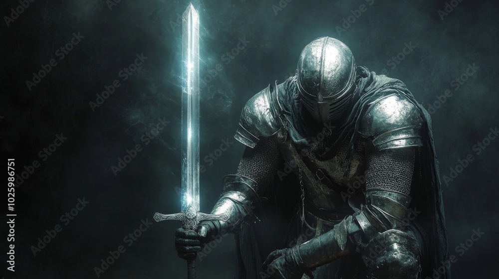 Naklejka premium A knight in full armor, holding a glowing sword, kneels with a hooded cloak in a dark smoky setting.