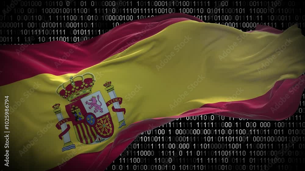 Binary code on flag of Spain. Program source code or Hacker concept on Spanish flag. Spain digital technology security, hacking or programming