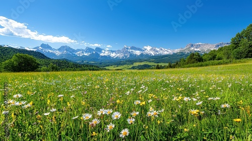 Lush green meadow with colorful wildflowers against a backdrop of majestic snow-capped mountains and a clear blue sky.