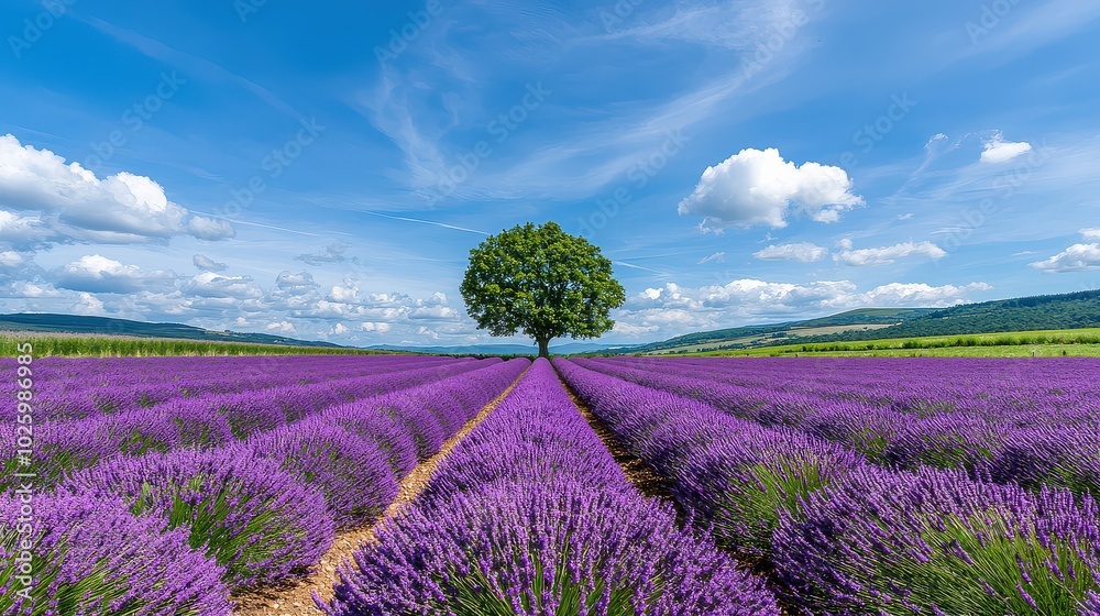 Fototapeta premium A scenic lavender field stretches under a blue sky, featuring vibrant purple flowers and a solitary tree in the background, creating a tranquil atmosphere.