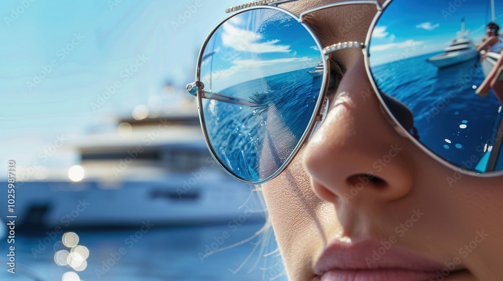 A girl in sunglasses looks into the distance, where water, ocean or sea and yacht are reflected. Sea voyage, summer vacation A girl in sunglasses looks into the distance, where water, ocean or sea and yacht are reflected. Sea voyage, summer vacation