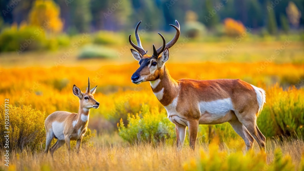Pronghorn Buck Approaches Grazing Doe in Natural Habitat - Wildlife Interaction Captured in Stunning Detail Pronghorn Buck Approaches Grazing Doe in Natural Habitat - Wildlife Interaction Captured in Stunning Detail