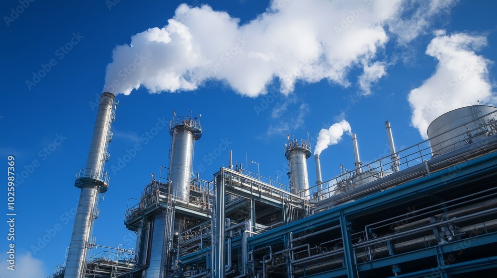 Intricate network of pipes and infrastructure at a large industrial factory, symbol of modern manufacturing Intricate network of pipes and infrastructure at a large industrial factory, symbol of modern manufacturing