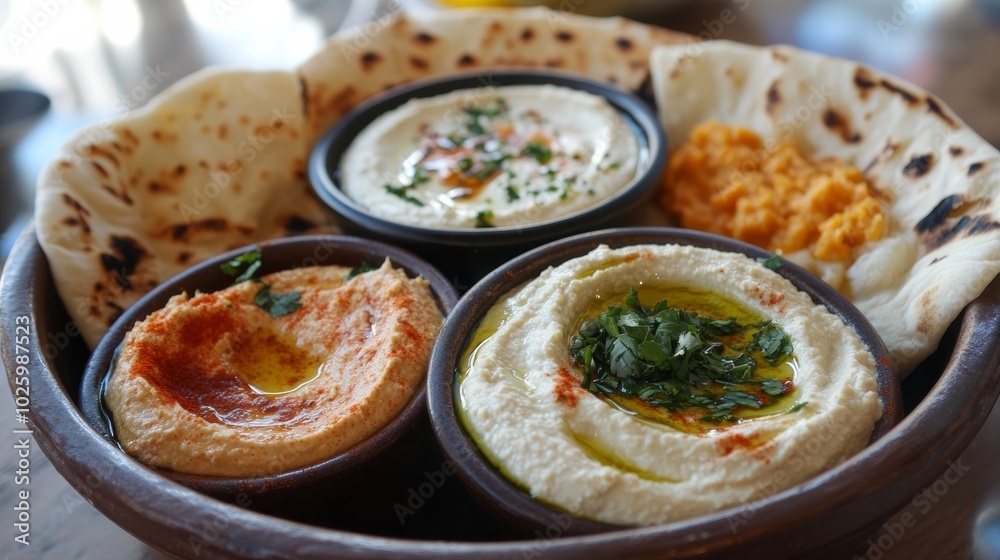 Hummus, Pita Bread, and Dip Platter. Hummus, Pita Bread, and Dip Platter.