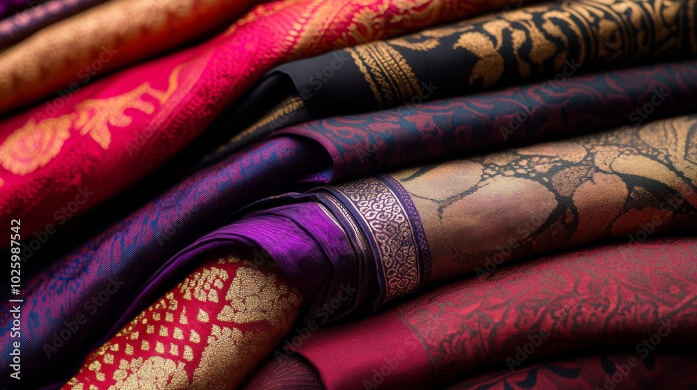 Close-up of vibrant traditional fabrics with intricate patterns. This image is perfect for themes of fashion, textile design, and cultural craftsmanship. Close-up of vibrant traditional fabrics with intricate patterns. This image is perfect for themes of fashion, textile design, and cultural craftsmanship.