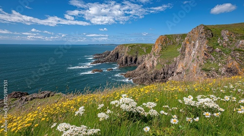 A vibrant coastal landscape featuring rocky cliffs, lush green fields, and colorful wildflowers under a clear blue sky.