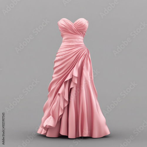 Pink strapless dress with ruffled layers cascading down to the floor, set against a dreamy backdrop of cherry blossoms in full bloom.