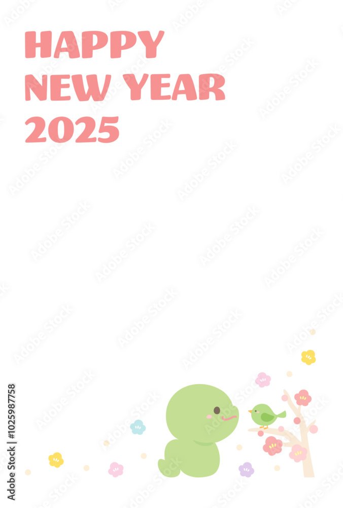 2025年巳年の年賀状素材かわいいヘビと梅とウグイス01 2025年巳年の年賀状素材かわいいヘビと梅とウグイス01