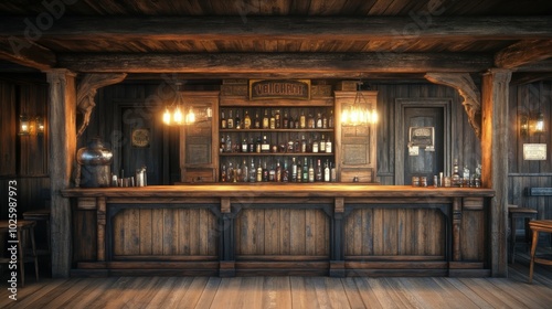 A high-definition realistic photo of an old western-style saloon bar interior, featuring wooden beams, rustic furniture, and a long polished bar with vintage bottles in the background, with ample