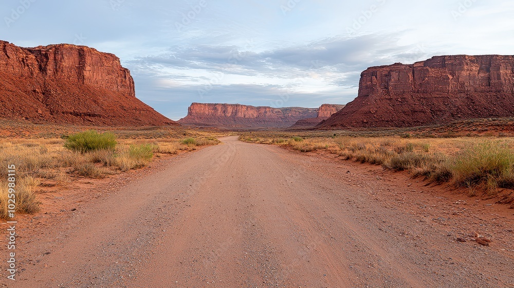 A serene dirt road stretches through majestic red rock formations under a calm sky, showcasing the stunning beauty of a desert landscape. A serene dirt road stretches through majestic red rock formations under a calm sky, showcasing the stunning beauty of a desert landscape.