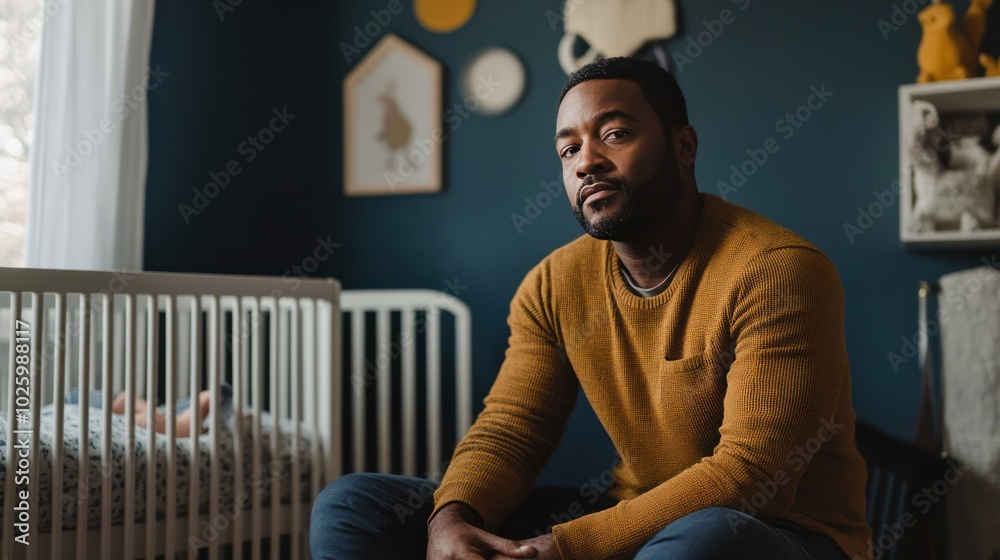 Fototapeta premium Depression in postpartum fathers, a new father sitting in a nursery, looking emotionally exhausted and overwhelmed