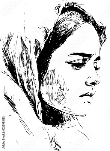 Sketch of a Thoughtful Woman in a Headscarf