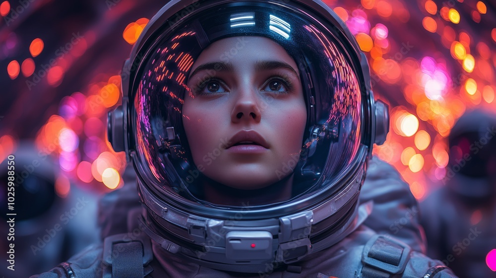 Female astronaut in a spacesuit with glowing lights in the background Female astronaut in a spacesuit with glowing lights in the background
