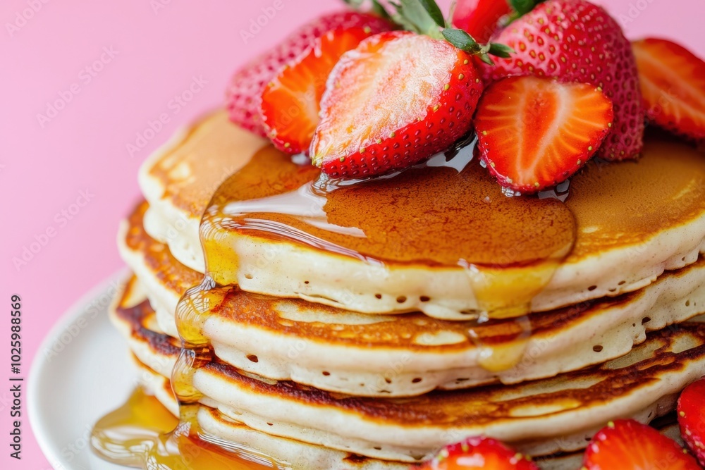 A stack of fluffy pancakes drizzled with syrup and topped with fresh strawberries, perfect for a delightful breakfast. A stack of fluffy pancakes drizzled with syrup and topped with fresh strawberries, perfect for a delightful breakfast.