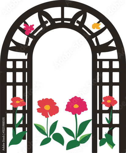 Stylized Archway with Colorful Flowers and Butterflies