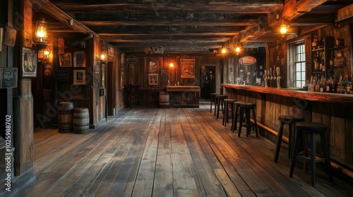 A wide-angle realistic photo of an old western saloon bar interior with worn floorboards, dimly lit lamps, and rustic decor, with empty space for copy to the right side