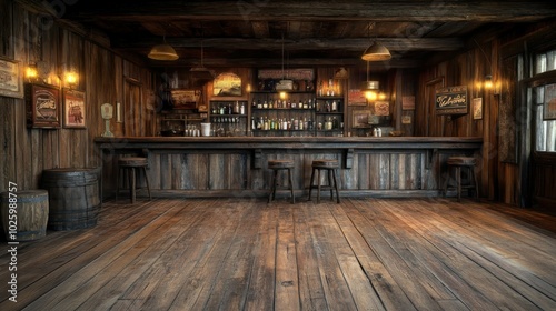 A wide-angle realistic photo of an old western saloon bar interior with worn floorboards, dimly lit lamps, and rustic decor, with empty space for copy to the right side