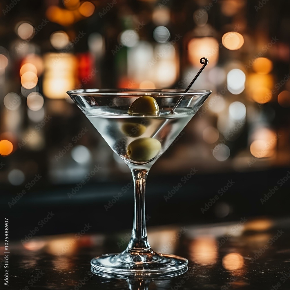 Martini glass with olive in dimly lit bar. Martini glass with olive in dimly lit bar.