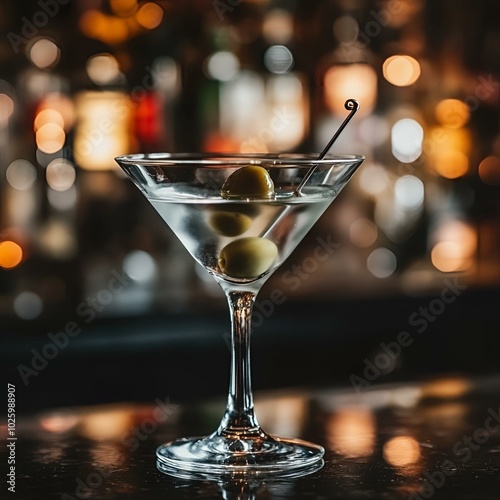 Martini glass with olive in dimly lit bar.