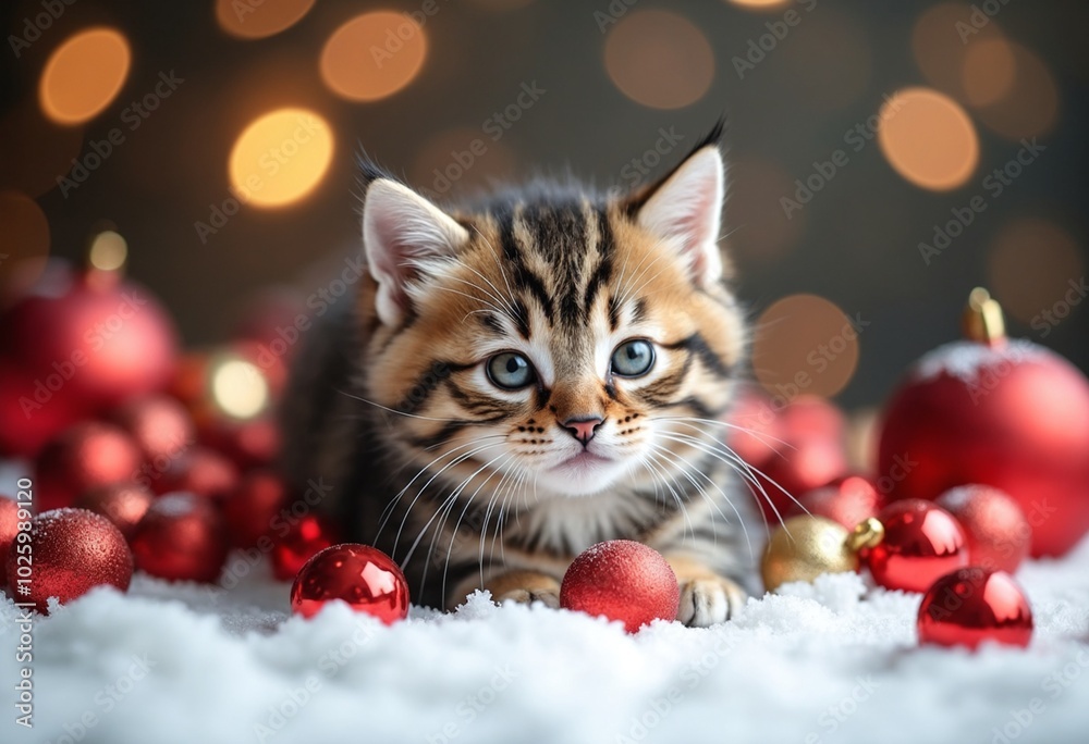 Cute tabby kitten surrounded by red and gold Christmas ornaments, resting on snow with a soft bokeh background. Perfect for festive holiday themes and winter scenes Cute tabby kitten surrounded by red and gold Christmas ornaments, resting on snow with a soft bokeh background. Perfect for festive holiday themes and winter scenes