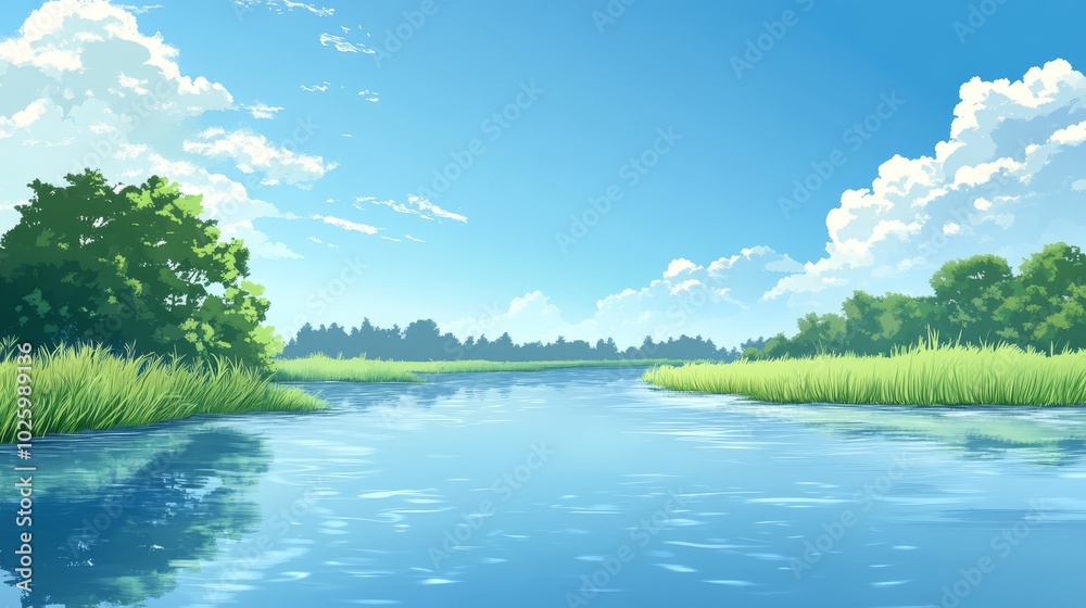 Serene river landscape, tranquil waters flowing through lush greenery and trees scenic Serene river landscape, tranquil waters flowing through lush greenery and trees scenic