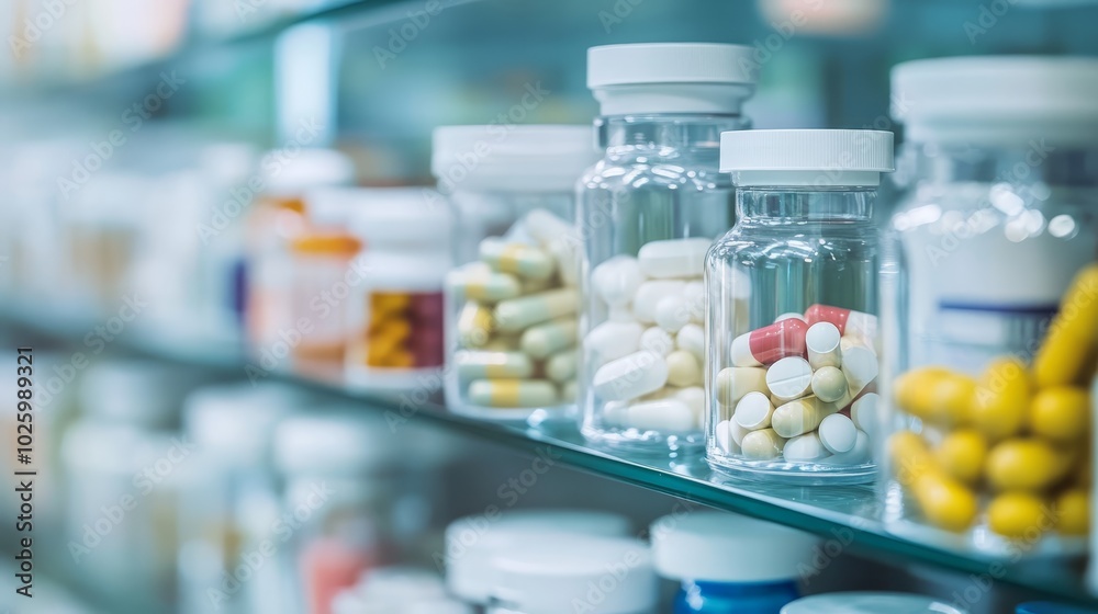 Organized medicine cabinet, a comprehensive display of pills, medications, and healthcare essentials on shelf Organized medicine cabinet, a comprehensive display of pills, medications, and healthcare essentials on shelf