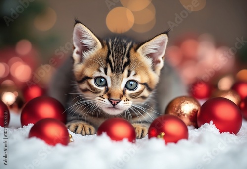 Cute tabby kitten surrounded by red and gold Christmas ornaments, resting on snow with a soft bokeh background. Perfect for festive holiday themes and winter scenes