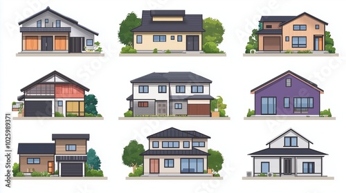 Set of modern house illustrations in various styles