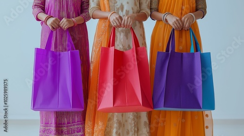 Women holding colorful shopping bags in traditional Indian attire for festive celebrations photo