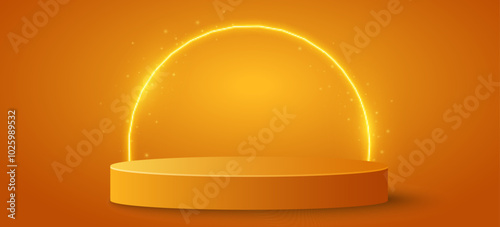 Abstract 3d podium with glowing neon arc. Trendy pedestal for show your product. Platform for fashion presentation or sale. Vector illustration. EPS 10.