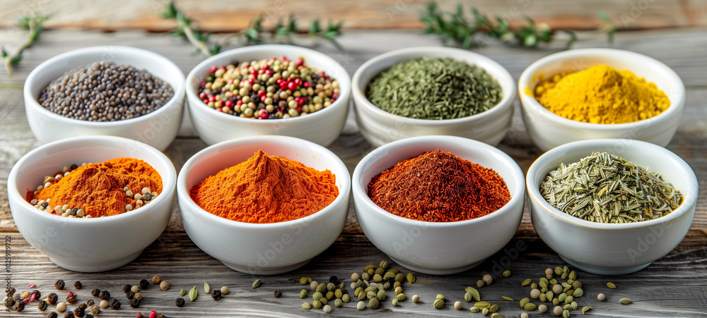 Selection of colorful spices in bowls on rustic wooden table Selection of colorful spices in bowls on rustic wooden table